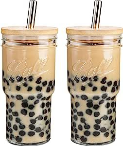 2Pack Glass Tumbler with Bamboo Lid and Straw, 22oz Iced Coffee Cups, Mason Jar Drinking Glasses,... | Amazon (US)