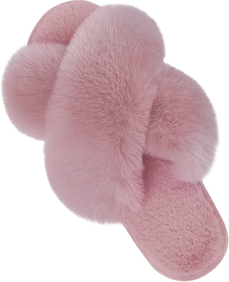 Parlovable Women's Cross Band Slippers Fuzzy Soft House Slippers Plush Furry Warm Cozy Open Toe F... | Amazon (US)