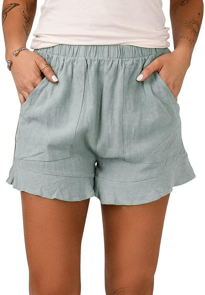 Dokotoo Womens Ruffle Hem Elastic Waist Solid Casual Shorts Pants with Pockets | Amazon (US)