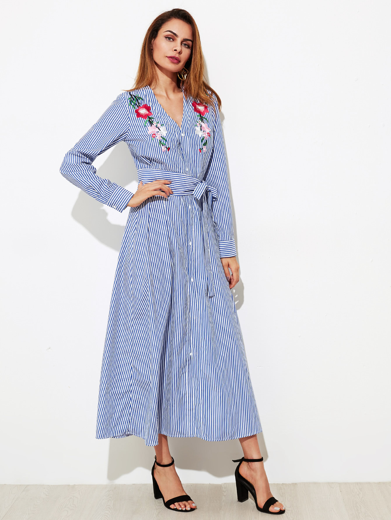 Flower Embroidered Self Tie Pinstripe Dress | SHEIN