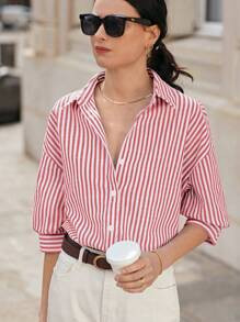 Poéselle Striped Print Drop Shoulder Blouse Summer Tops Vacation Clothes | SHEIN