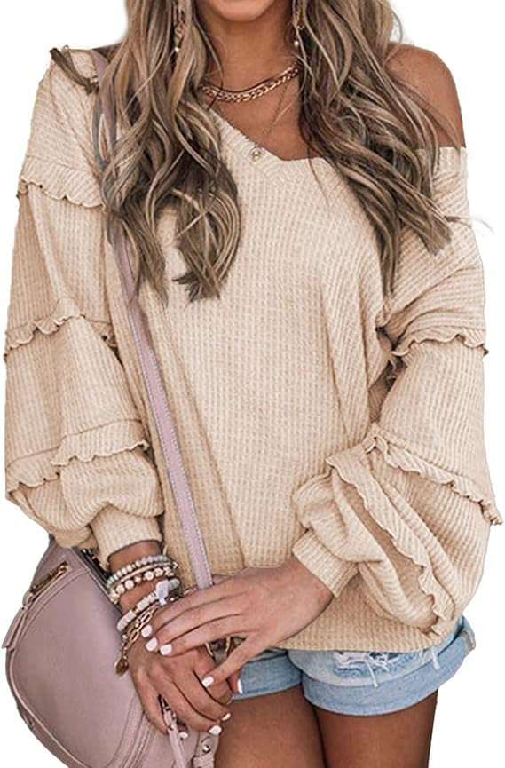 Women's V Neck Long Sleeve Blouse Loose Fit Tunics Ruffles Off Shoulder Waffle Knit Solid Color T... | Amazon (US)