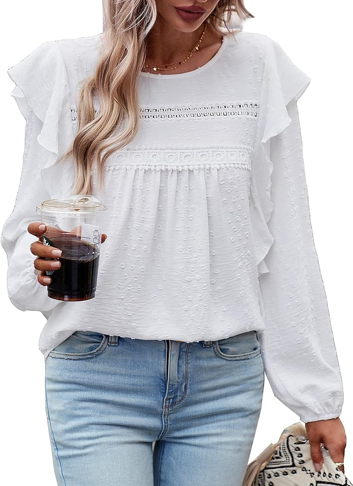 Women's Casual Tops Crewneck Lace Crochet Flowy Ruffle Shoulder Long Sleeve Blouses Shirts | Amazon (US)