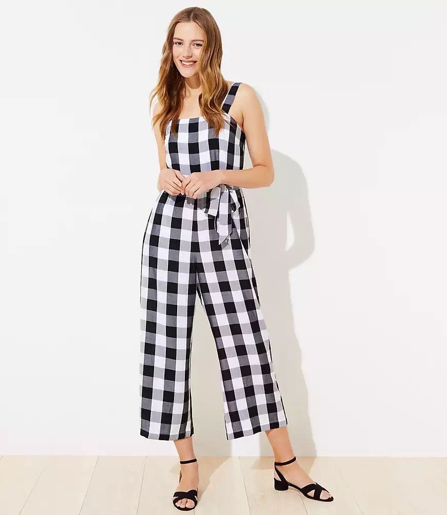Gingham Smocked Back Tie Waist Jumpsuit | LOFT