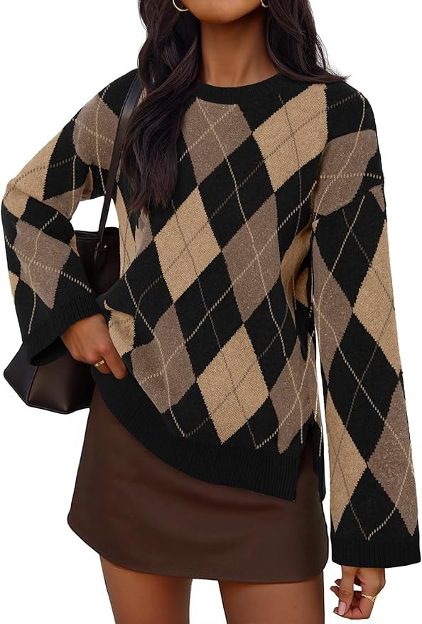 MEROKEETY Women's Long Sleeve Sweaters 2025 Fall Argyle Plaid Crewneck Loose Color Block Knit Pul... | Amazon (US)
