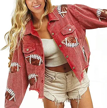 SeekMe Women's Cropped Corduroy Jacket Football Sequin Patched Short Button Raw Hem Jacket Coat | Amazon (US)