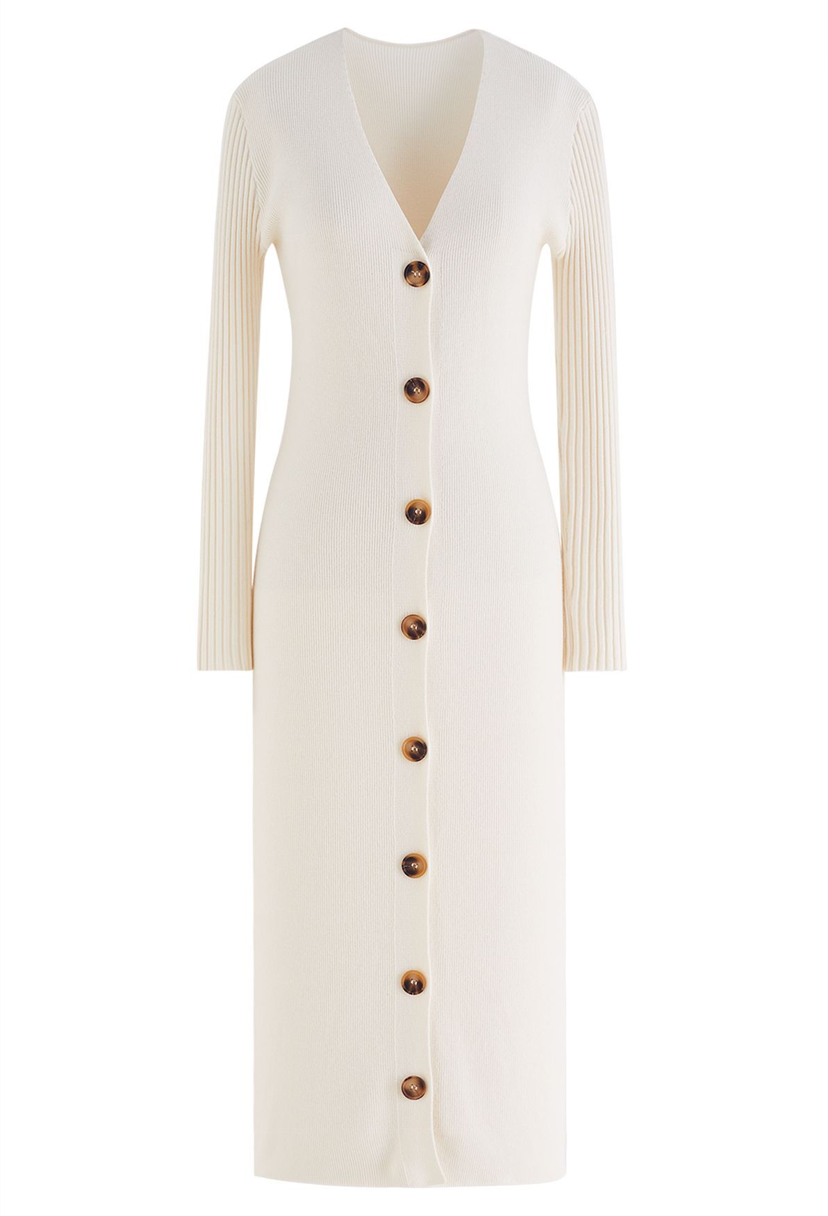 V-Neck Button Down Knit Midi Dress in Cream | Chicwish
