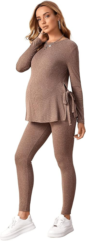 OYOANGLE Women's Maternity Rib Knit Round Neck Knot Side Tee Tops and Leggings Pants Sets | Amazon (US)