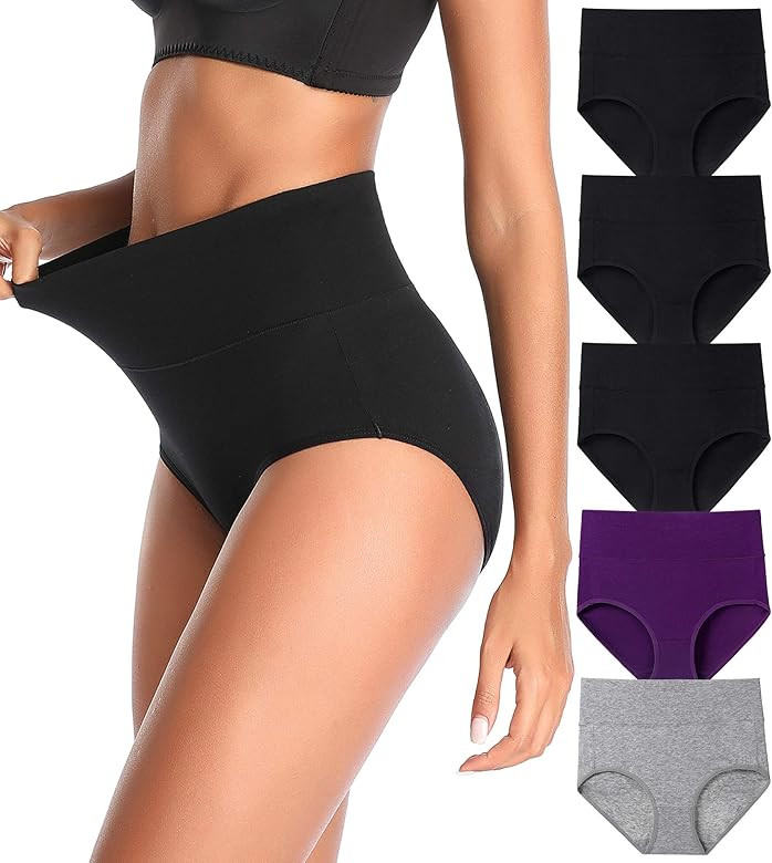 QovoQ Women's High Waist Cotton Underwear Stretch Briefs Soft Comfy Ladies Panties MultiPack | Amazon (US)