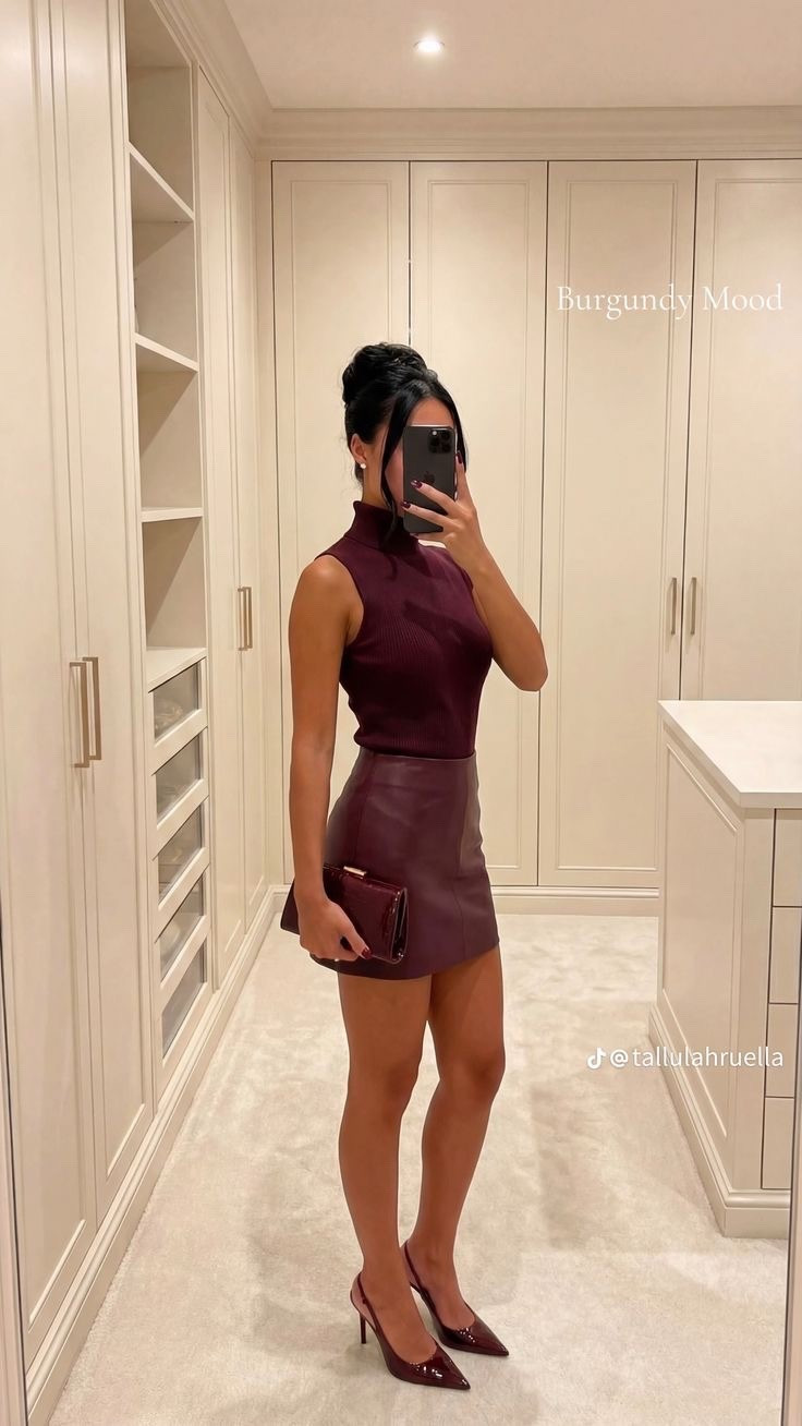 Burgundy mini skirt
Burgundy mockneck top 
Burgundy pumps 

#LTKPetite #LTKBeauty #LTKWorkwear