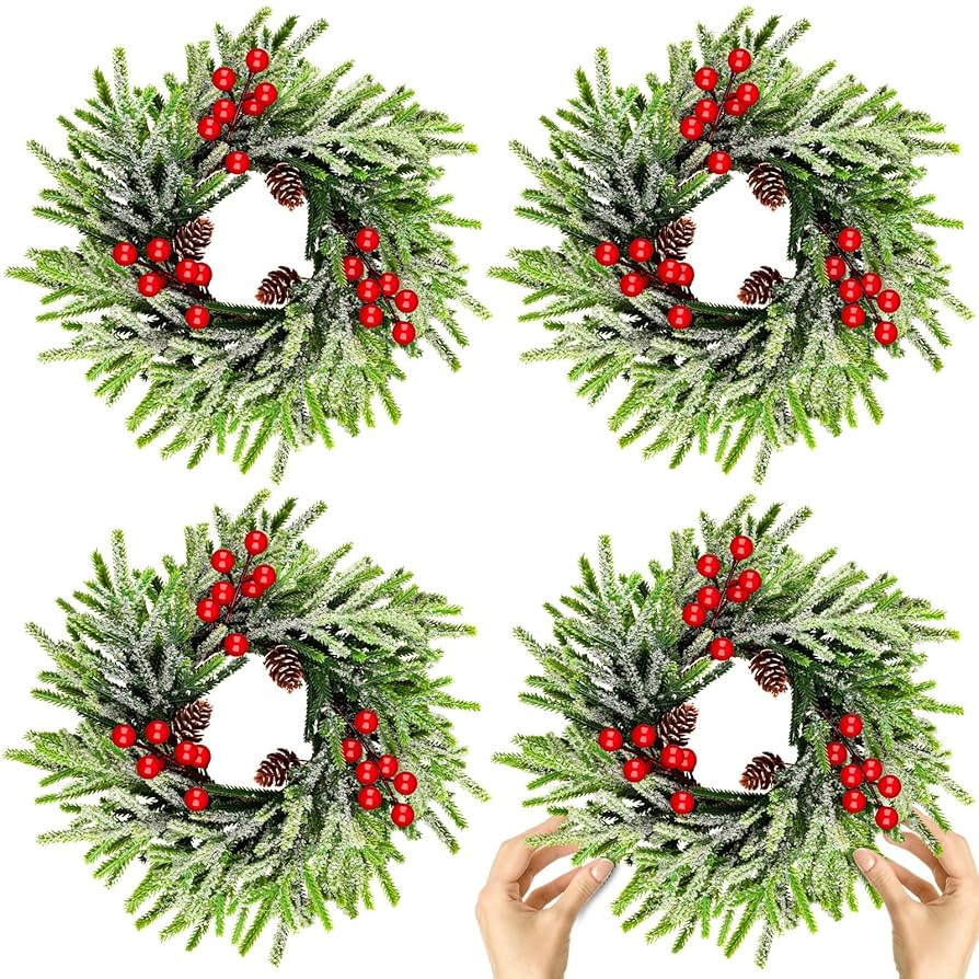 4 Pcs Christmas Wreath 10 Inch Green Artificial Wreaths Red Berry Pinecones Wreaths for Front Doo... | Amazon (US)