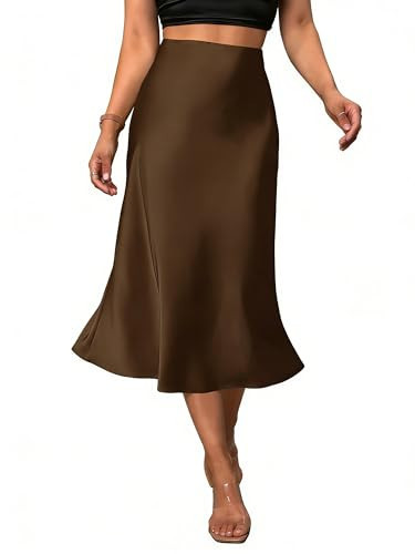 Women's Satin Midi Skirt Elegant Fishtail Silk A Line Casual Skirts for Party Wedding (Coffee Brown, Medium) | Amazon (US)