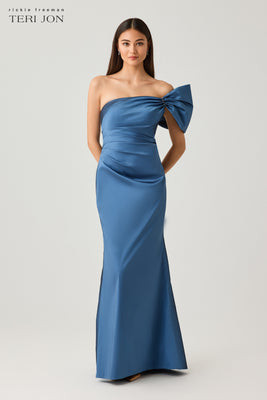 Taffeta Bow One Shoulder Ruched Gown | TERI JON