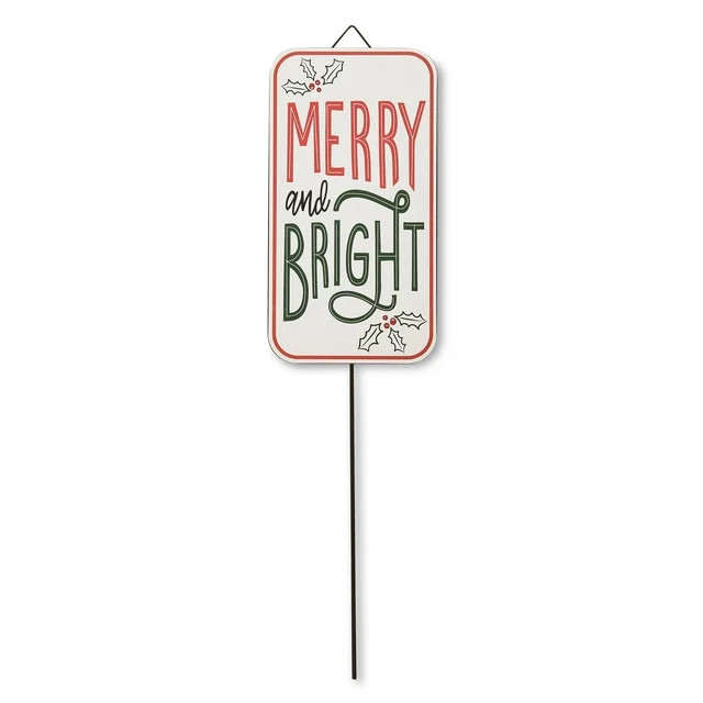 Metal Merry & Bright Traditional Yard Stake Sign, White, 17 in, by Holiday Time | Walmart (US)