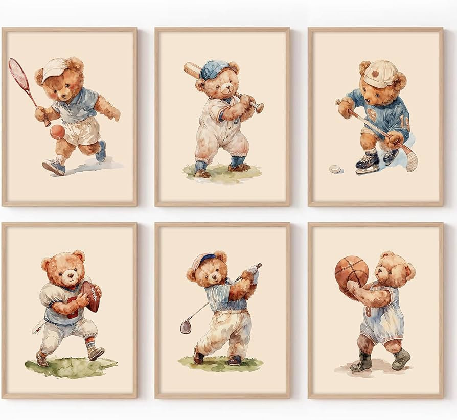 Nursery Bear Wall Art Boy Sports Canvas Wall Decor Baby Nursery Prints Vintage Teddy Bear Poster ... | Amazon (US)