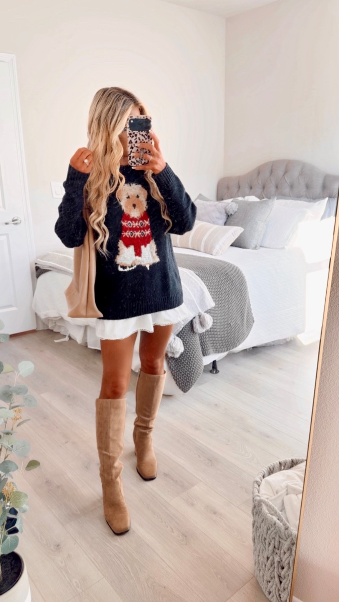 Doodle Sweater styled with a ruffle skirt, knee-high boots, and a matching neutral tote bag. This golden doodle sweater is a designer look for less. It would make a great gift for the dog lover!

#LTKSaleAlert #LTKHoliday #LTKGiftGuide