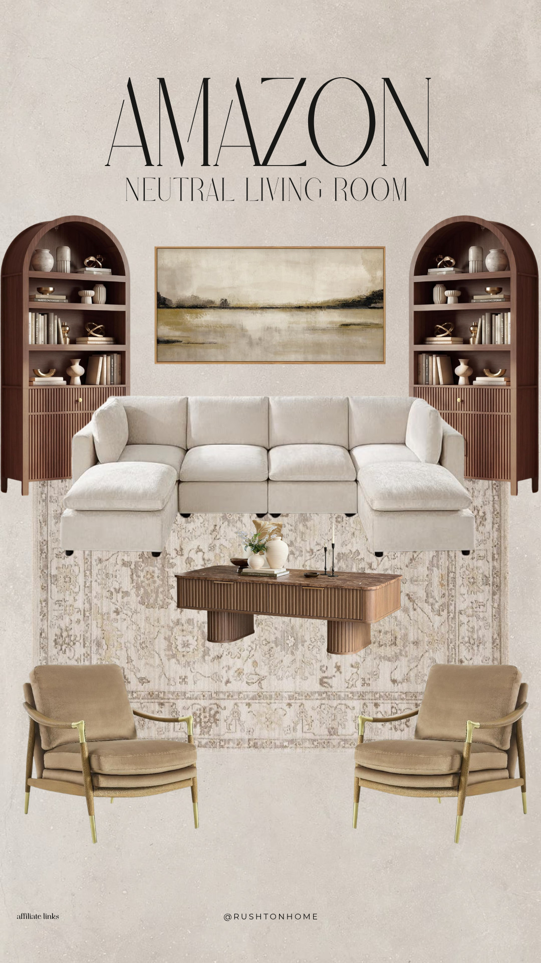 Amazon living room decor, neutral living room design, organic modern living room, beige sectional sofa, wood coffee table modern, arched bookshelf decor, neutral area rug living room, modern accent chairs, wall art neutral tones, cozy living room styling, earthy home decor, amazon furniture finds, layered living room design, warm minimalist living room 

 #LTKHome