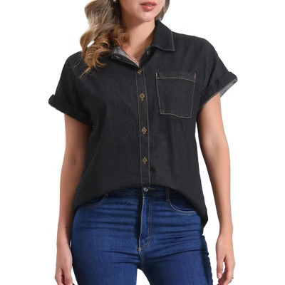 INSPIRE CHIC Women's Short Sleeve Button Down Classic Denim Shirt Black Large | Target