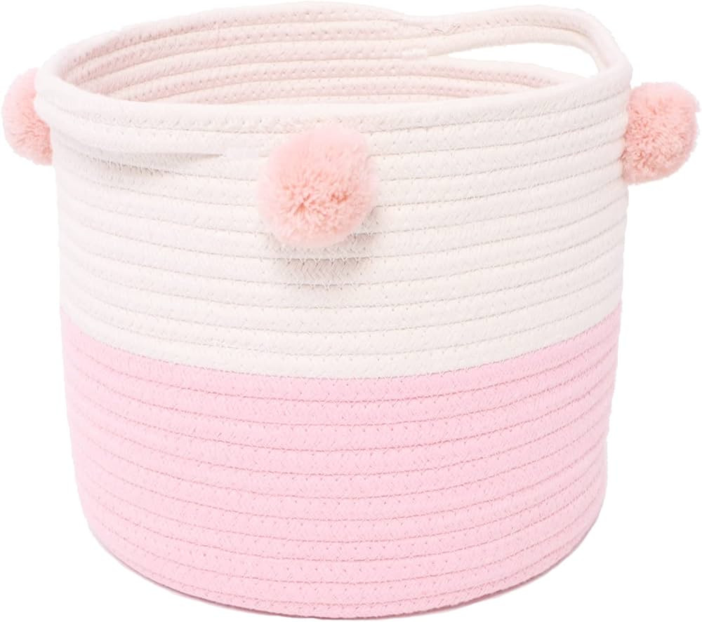 Small Woven Basket With Handle Pom Pom, 9.8 x 9.8 x 7.8 inch Pink-White Round Basket Cute Cotton ... | Amazon (US)