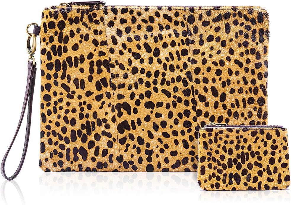 Leopard Clutch with Coin leopard Purse for women wristlet Wallet Genuine Leather Haircalf Ladies ... | Amazon (US)