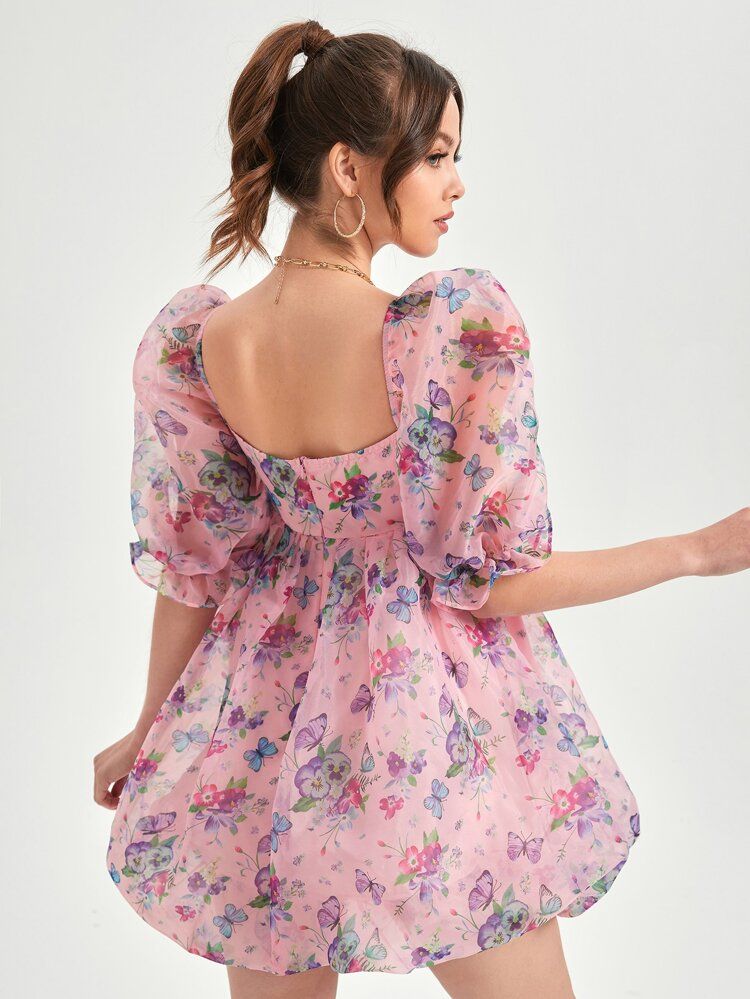 SHEIN Square Neck Puff Sleeve Butterfly & Floral Print Organza Dress | SHEIN