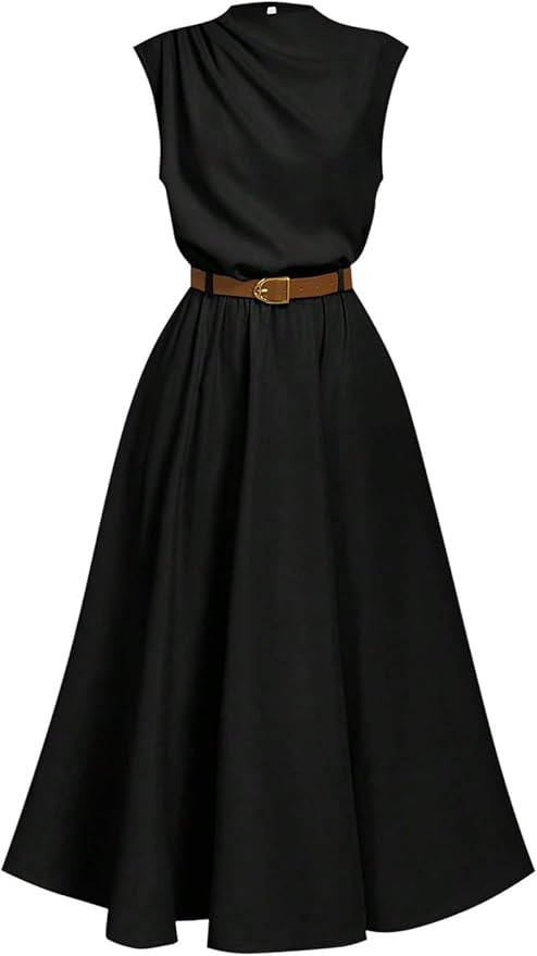 OYOANGLE Women's Mock Neck Ruched Belted Dress Button Back Elegant Flared Sleeveless A Line Long ... | Amazon (US)