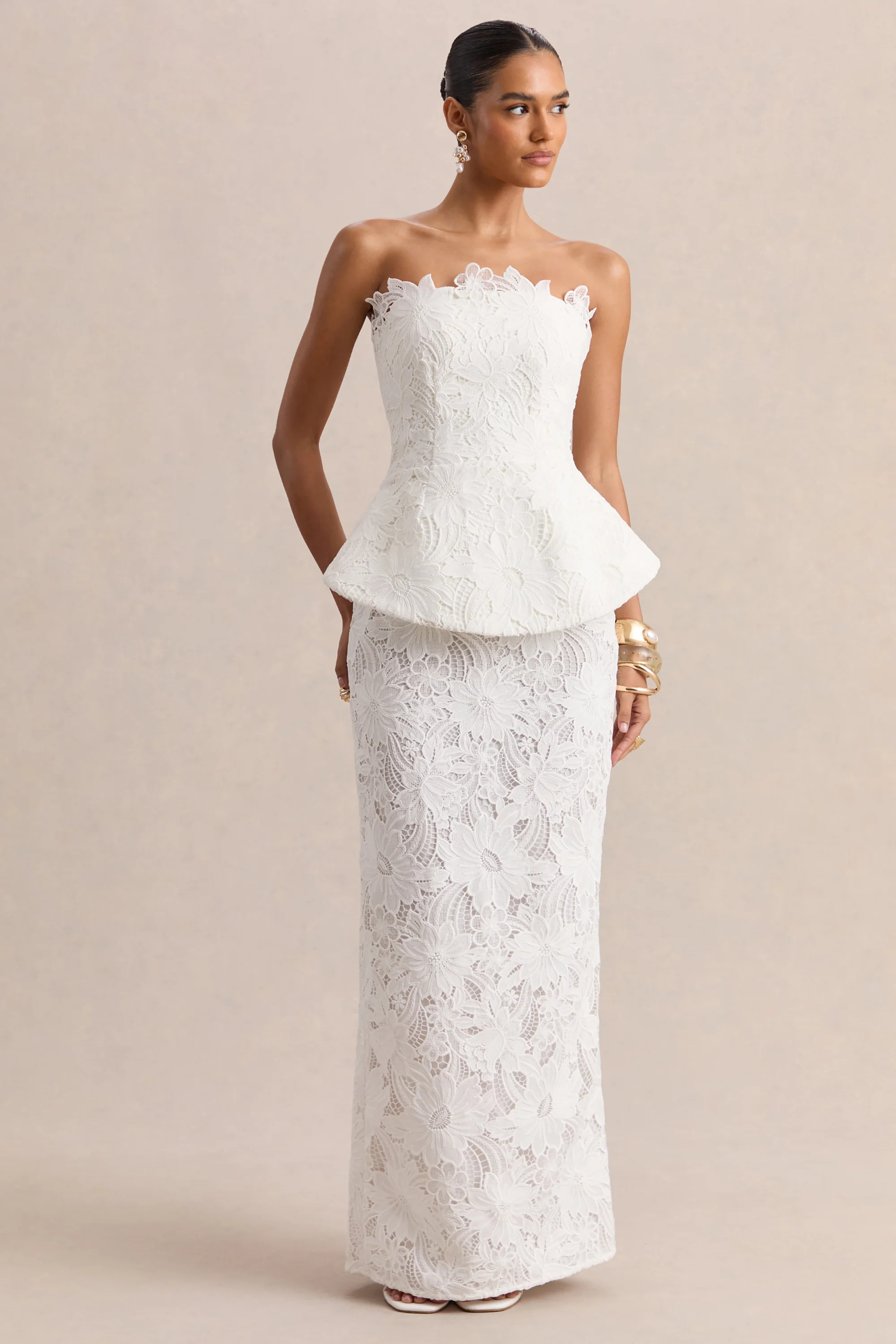 Delvine | White Lace Bandeau Corset Maxi Dress | Club L London