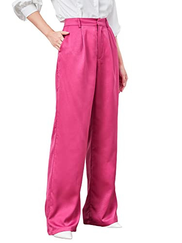 MakeMeChic Women's Satin Silk High Waisted Wide Leg Pants with Pockets Pink M | Amazon (US)