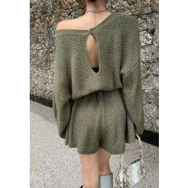 Drawstring Waist Rib Knit Playsuit in Army Green | Chicwish