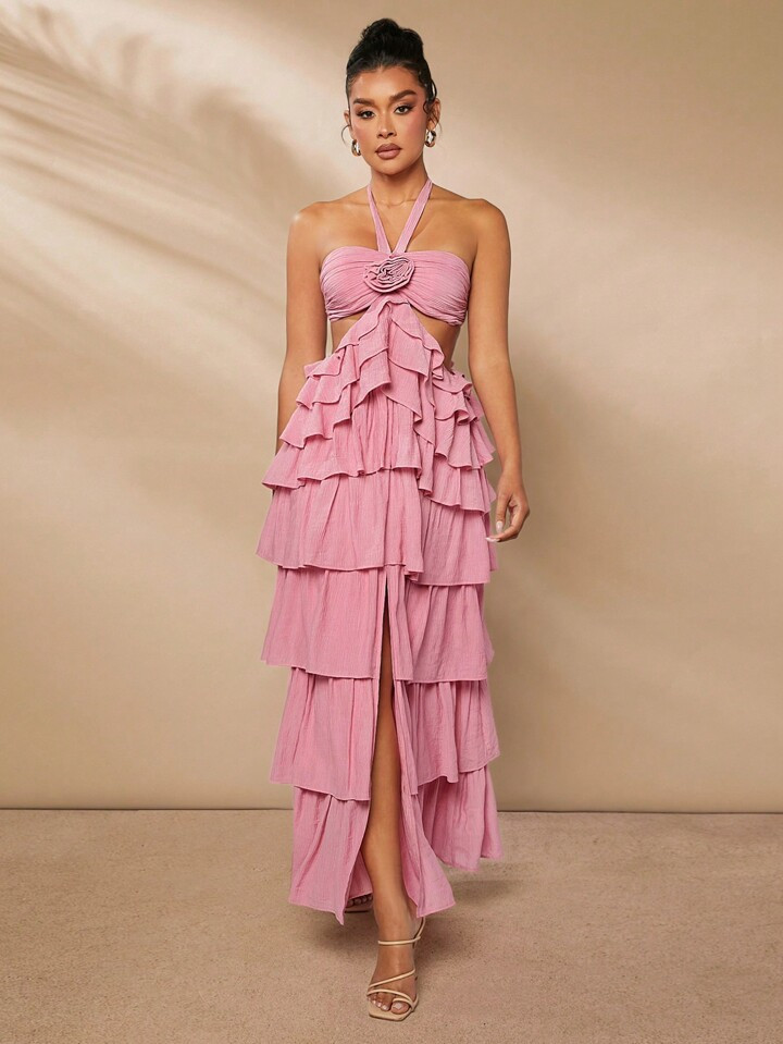 L'Amorae 3D Rosette Ruffle Cut Out Halter Elegant Dress | SHEIN
