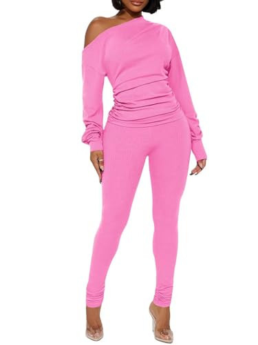 Women's 2 Piece Fall Outfits One Off Shoulder Tops Ribbed Pant Suit Casual Matching Sets Pink L | Amazon (US)