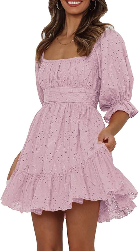PRETTYGARDEN Women's Summer Mini Floral Babydoll Dress Short Puff Sleeve Square Neck Empire Waist Ru | Amazon (US)
