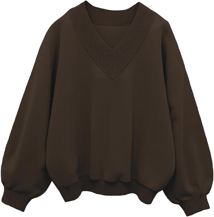 Hilinker Womens V Neck Oversized Sweatshirts Casual Drop Shoulder Long Sleeve Pullover Tops | Amazon (US)