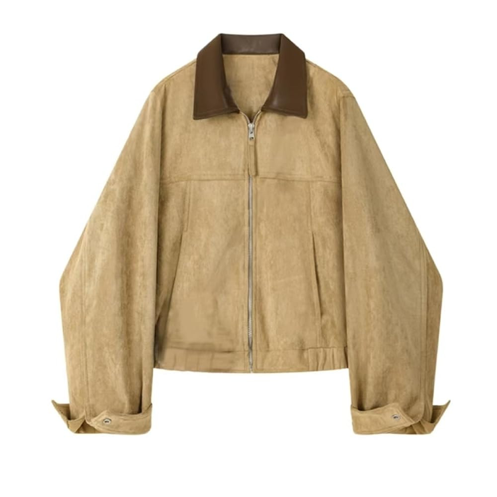 Women's Faux Suede Cropped Jacket Contrast Collar Zip Up Utility Barn Coat Trendy Fall Outwear | Amazon (US)