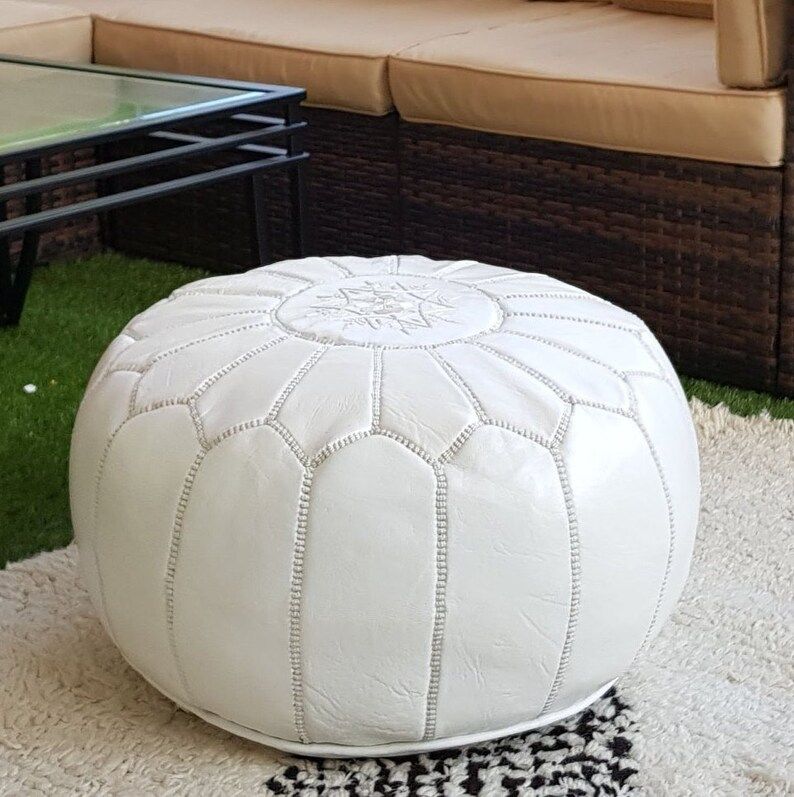 SALE ** STUFFED Moroccan Leather pouf ottoman with top embroidery in White | Etsy (US)
