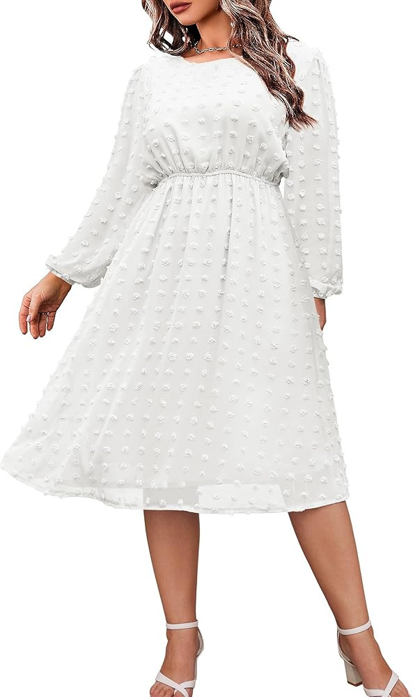 IN'VOLAND Women's Plus Size Swiss Dot Long Sleeve Chiffon Dress Flowy High Waist A Line Ruffle Ba... | Amazon (US)