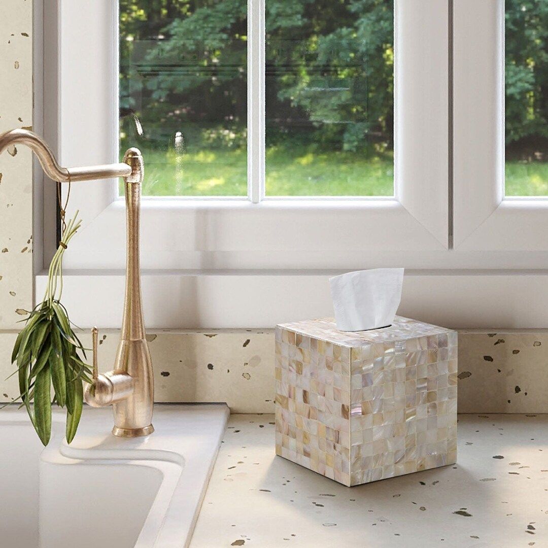 Nacre Tissue Box Cover Square- Luxury Handmade Tissue Box, Rustic Bathroom Accessory, White Thanksgi | Etsy (US)