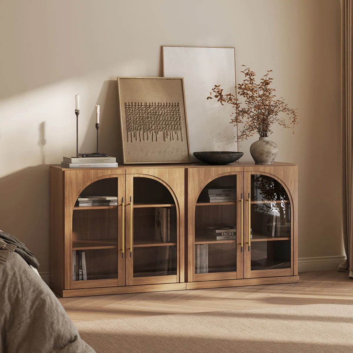 Set of 2 Modular Sideboard with Arched Glass Door and Adjustable Shelves, Camel (Set of 2) | Wayfair North America