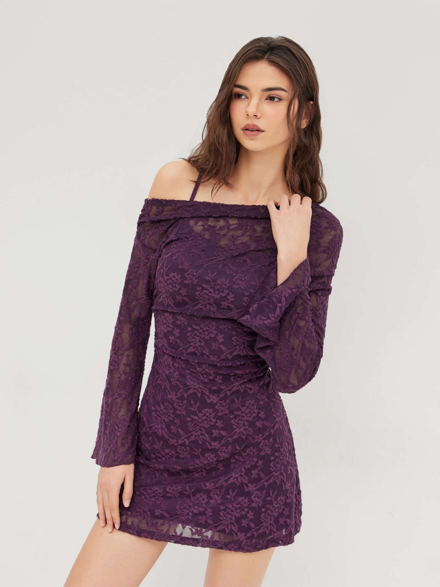 Knit Fabric Asymmetrical Neck Floral Ruched Mini Dress With Cami Mini Dress For Date | Cider