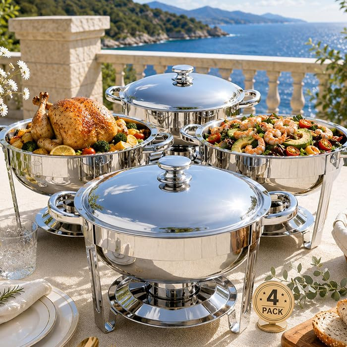 Chafing Dishes for Buffet 4 Pack, 6QT Round Chafing Dish Buffet Set Stainless Steel Buffet Food W... | Amazon (US)