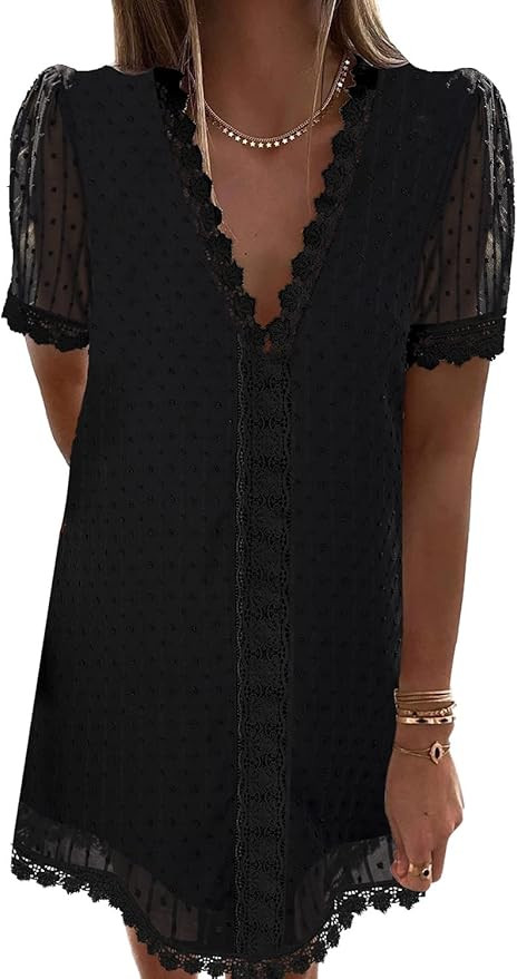 LookbookStore Women's Summer V Neck Casual Short Sleeve Swiss Dot Lace Shift Dress | Amazon (US)