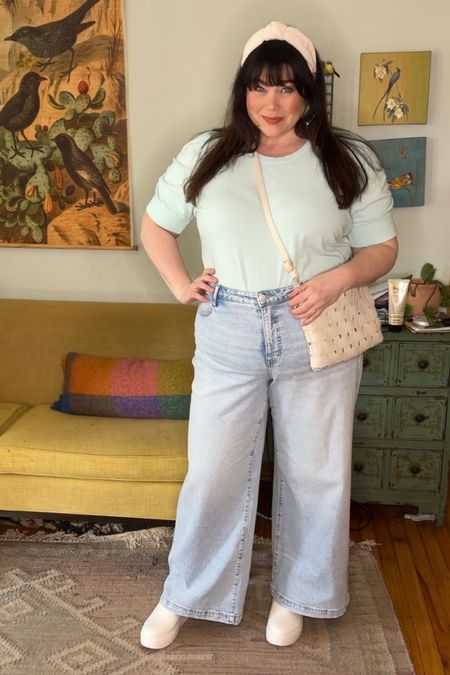 Styled my new plus size wide leg jeans! Love this cute casual look with a puff sleeve tee, platform sneakers, headband, and my favorite clutch! 

#LTKplussize #LTKfindsunder50