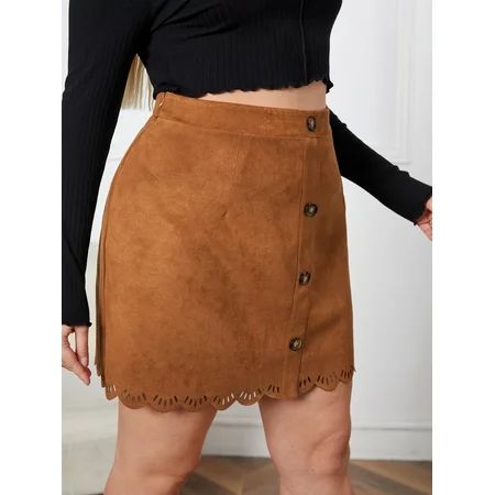 Women s Plus Button Scallop Laser Cut Out Suede Skirt 2022 | Walmart (US)