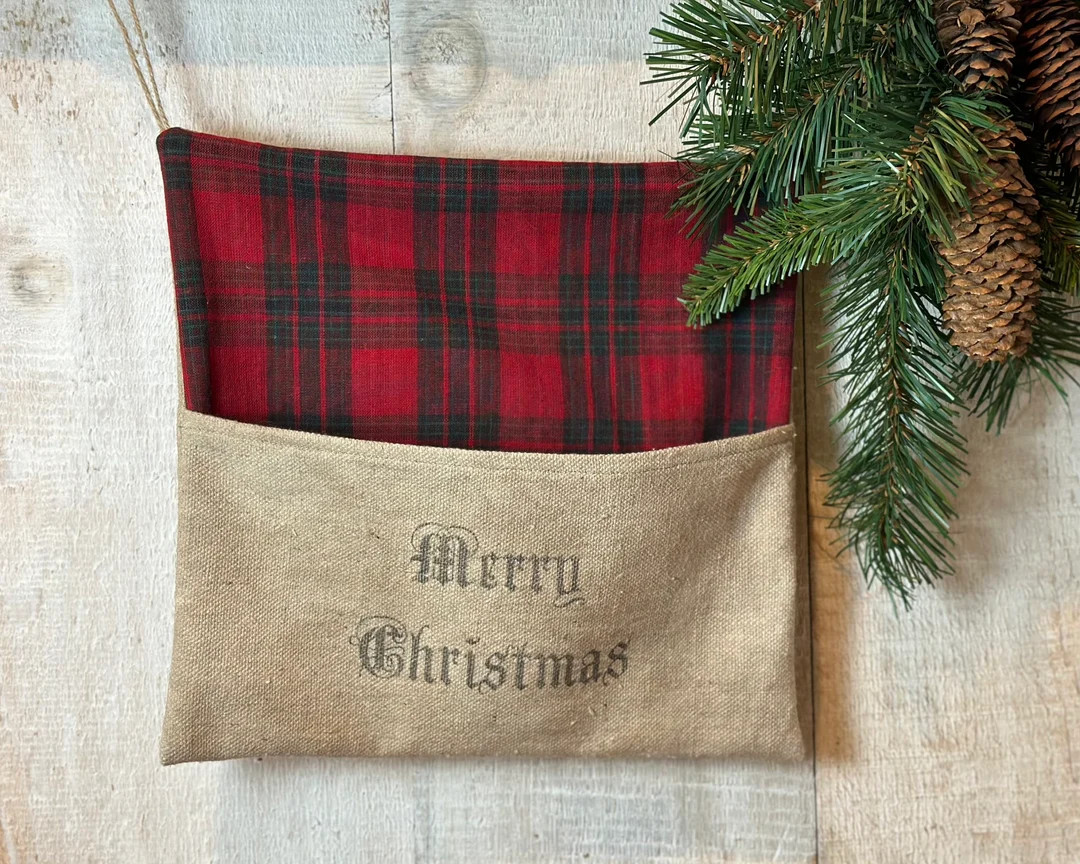 Grain Sack Merry Christmas Ditty Bag, Primitive Red Plaid Wall Pocket, Grainsack Housewif Bag, Wi... | Etsy (US)