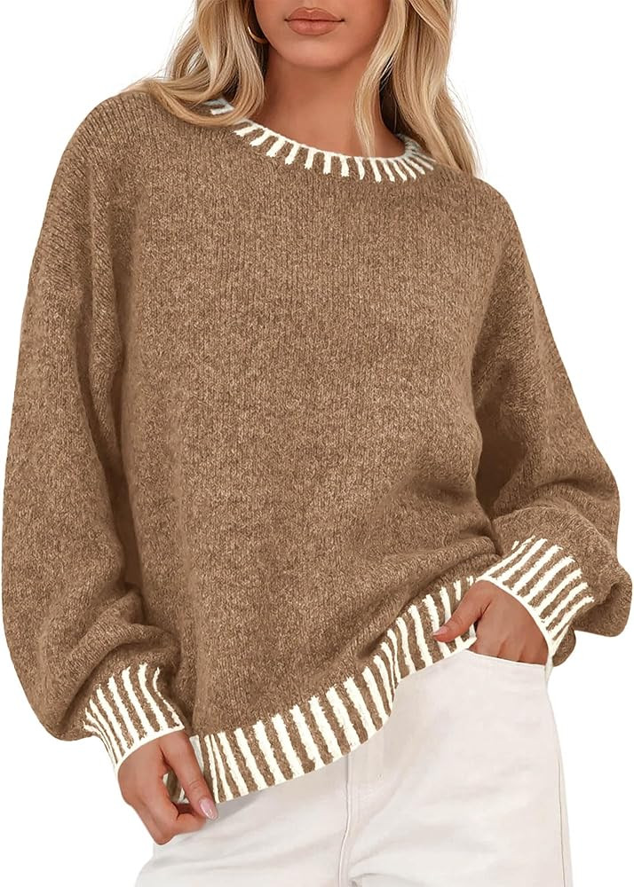 KIRUNDO Oversized Sweaters for Women 2025 Long Sleeve Crewneck Fall Tops Contrast Chunky Knit Pul... | Amazon (US)