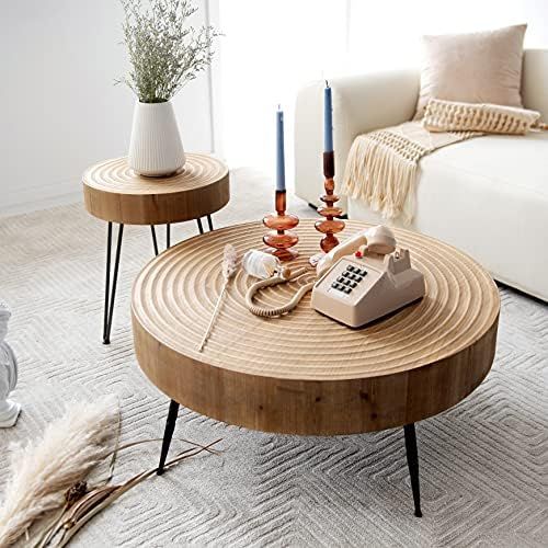 COZAYH 2-Piece Modern Farmhouse Living Room Coffee Table Set, Round Natural Finish with Handcrafted  | Amazon (US)