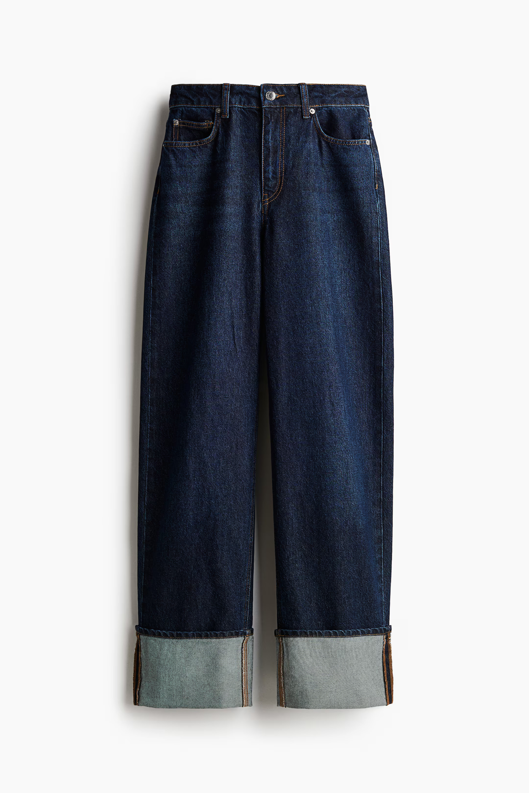 Straight-Cut Foldover-Cuff Jeans - Dark denim blue - Ladies | H&M US | H&M (US + CA)