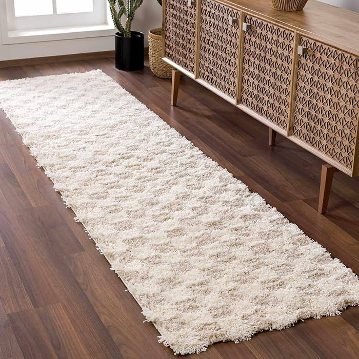 Hauteloom Atira Contemporary Checkered Fluffy Shag Runner Rug - Modern Geometric Carpet Tiles for... | Amazon (US)
