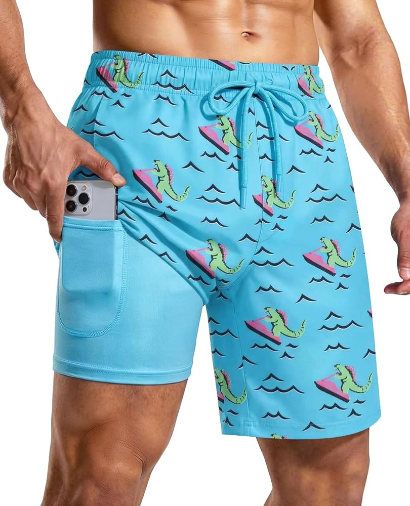 Mens 7 Inch Swim Trunks with Compression Liner and Zipped Pocket Quick Dry Board Shorts Bathing S... | Amazon (US)