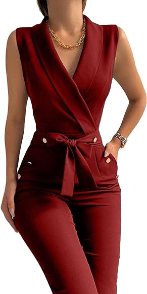 Women's Elegant Jumpsuits V Neck Sleeveless Straight Belted Long Pants Business Suits Set with Po... | Amazon (US)